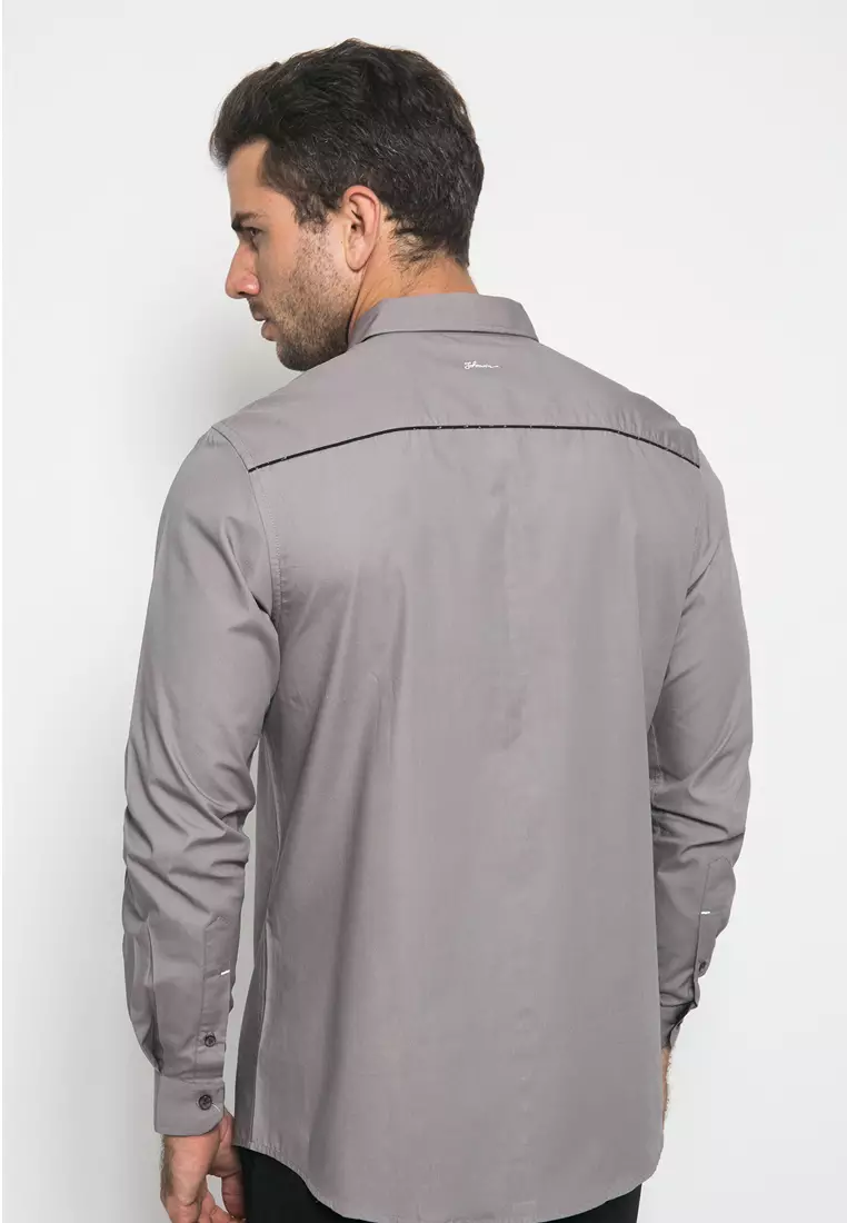 Johnwin - Slim Fit - Kemeja Casual Active - Polos - Abu Muda