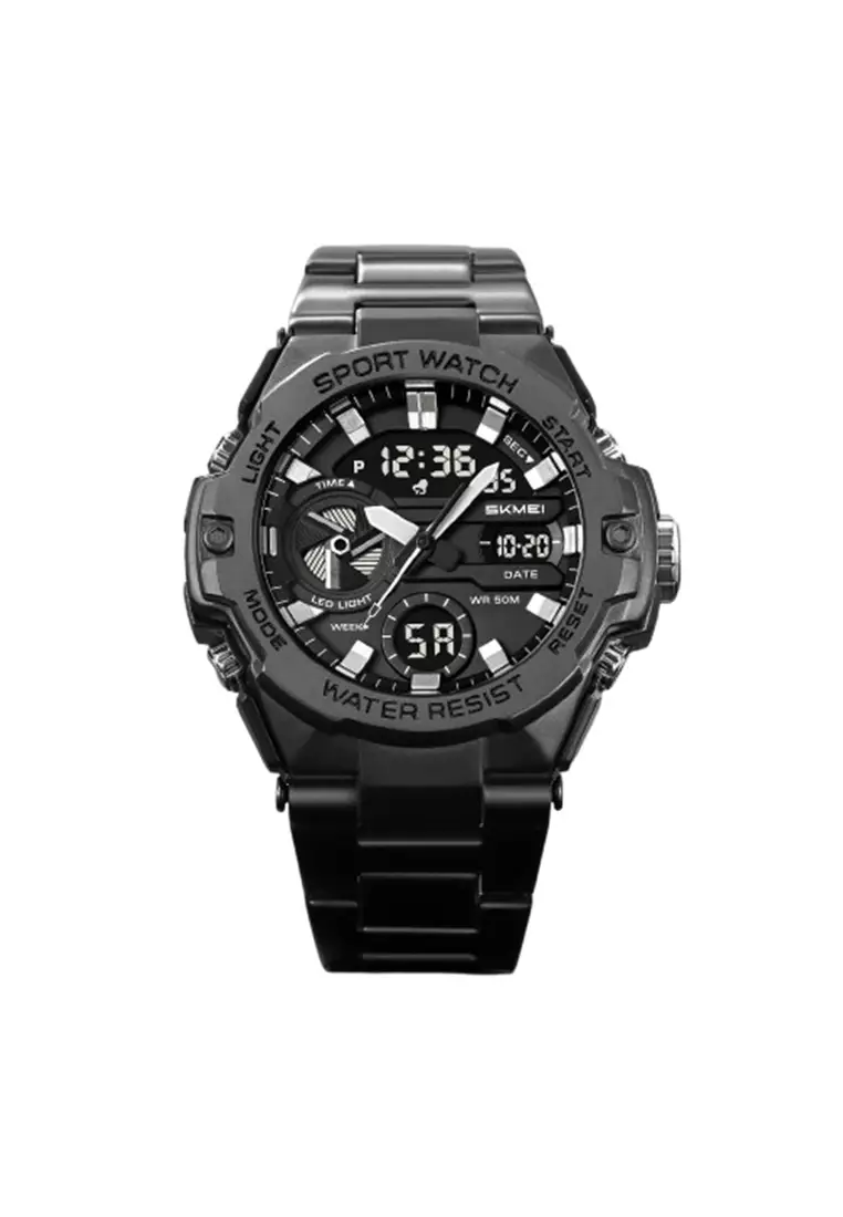 Jam Tangan Pria Digital Analog Tali 2404 Stainless Rantai Tahan Air MGOS ORIGINAL - Black