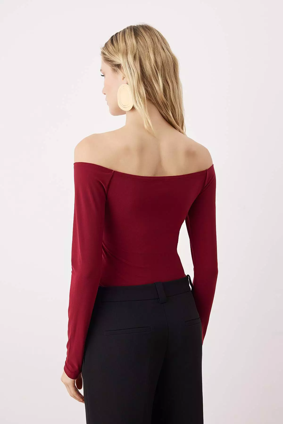 Claret Red Plain Carmen Collar Long Knitted Sandy Bodysuit