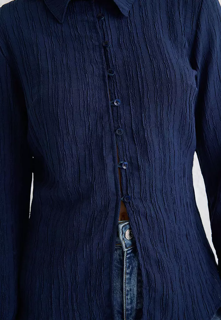 Dark Navy Textured Fitted Waist Woven Shirt TWOSS24GO00002