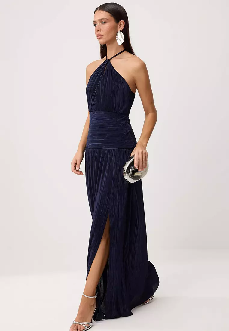 Navy Blue Pleated Maxi Evening Dress & Graduation Gown Tprss26Ae119