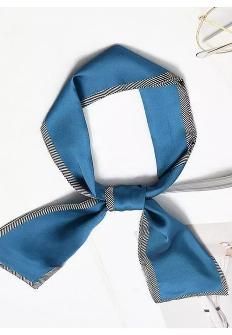 Aksesoris Wanita Plain With Zig Zag Border Twilly Skinny Multi purpose Scarf Leher Cobalt Blue,White & Black