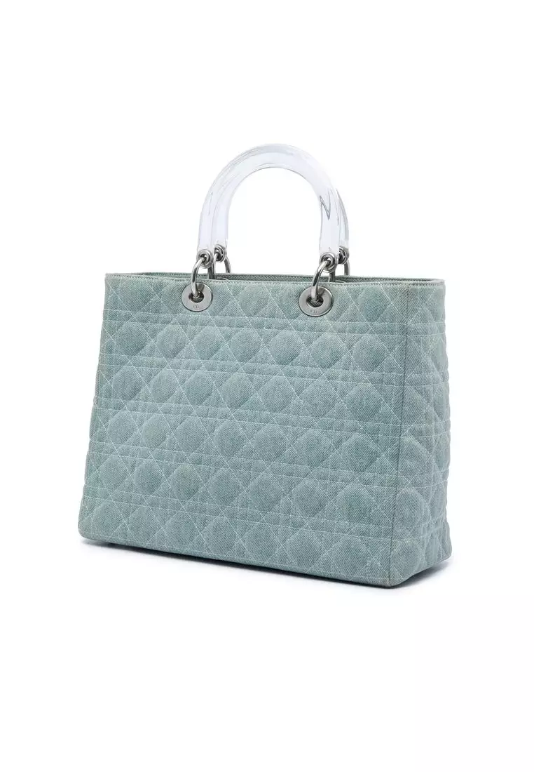 Pre-Loved Dior Large Denim Cannage Acrylic Handles Lady Dior