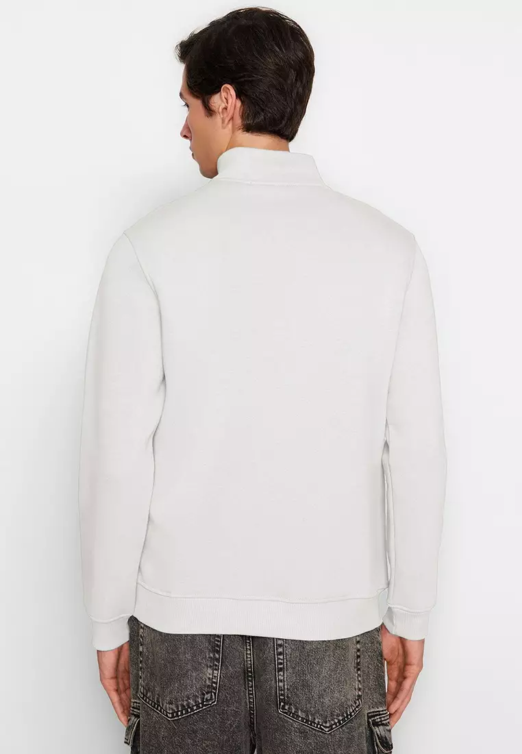 Ecru Regular/Normal Cut Stand Collar Zippered Inside Polar Fleece/Warm Basic Sweatshirt TMNAW24SW00041