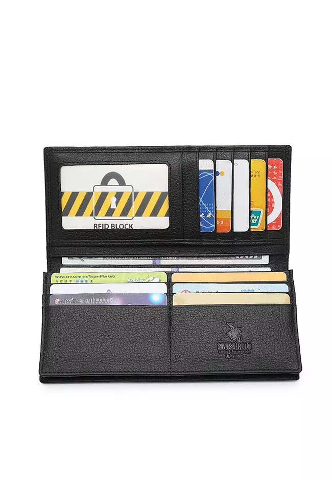 Genuine Leather RFID Blocking Long Wallet - Black
