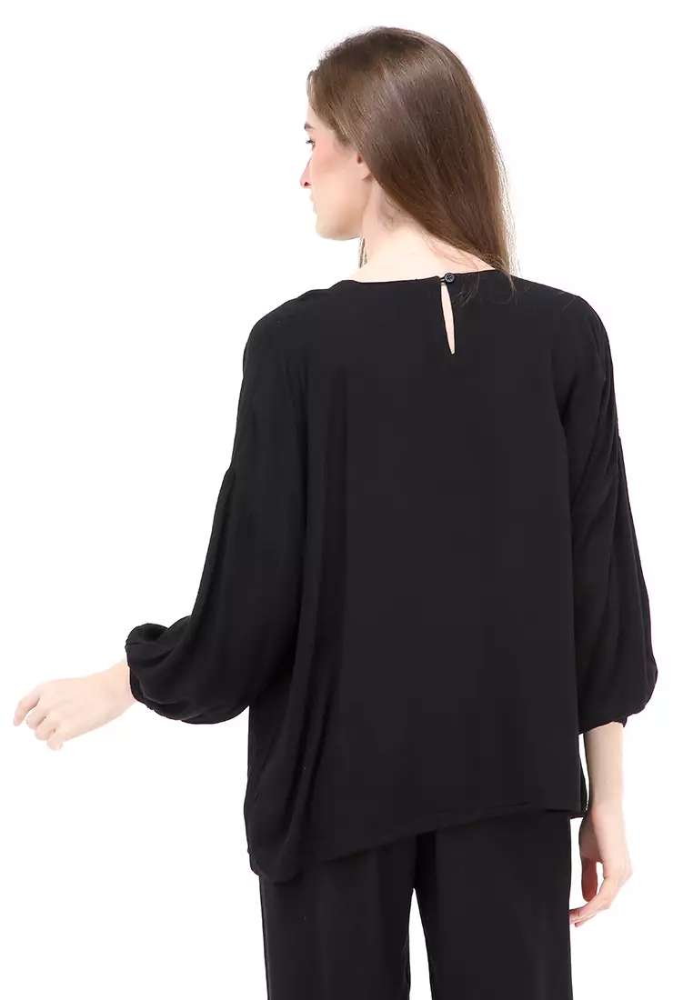 Jennifer Blouse Long Sleeves Wanita Motif Polos Atasan Casual - Black