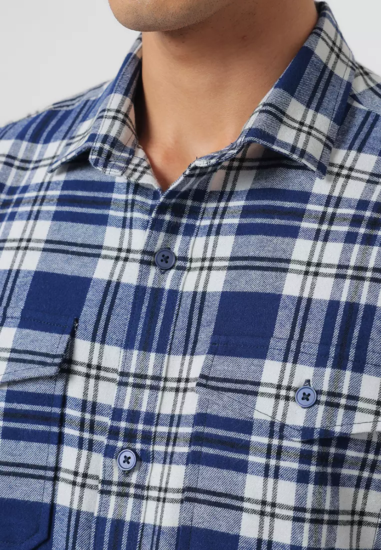 MELVINS - NAVY Kemeja Flannel Pria Motif Kotak-Kotak Lengan Panjang Relaxed Fit