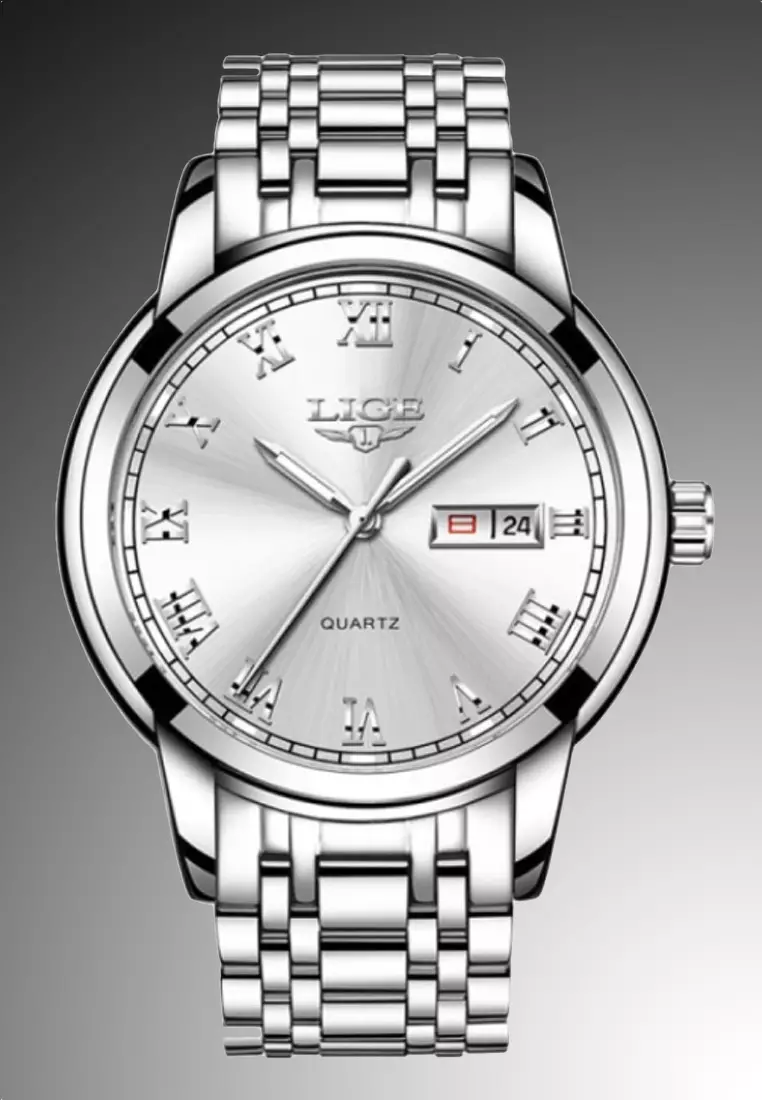 Unisex Day/Date Stainless Steel Quartz Watch on Steel Bracelet