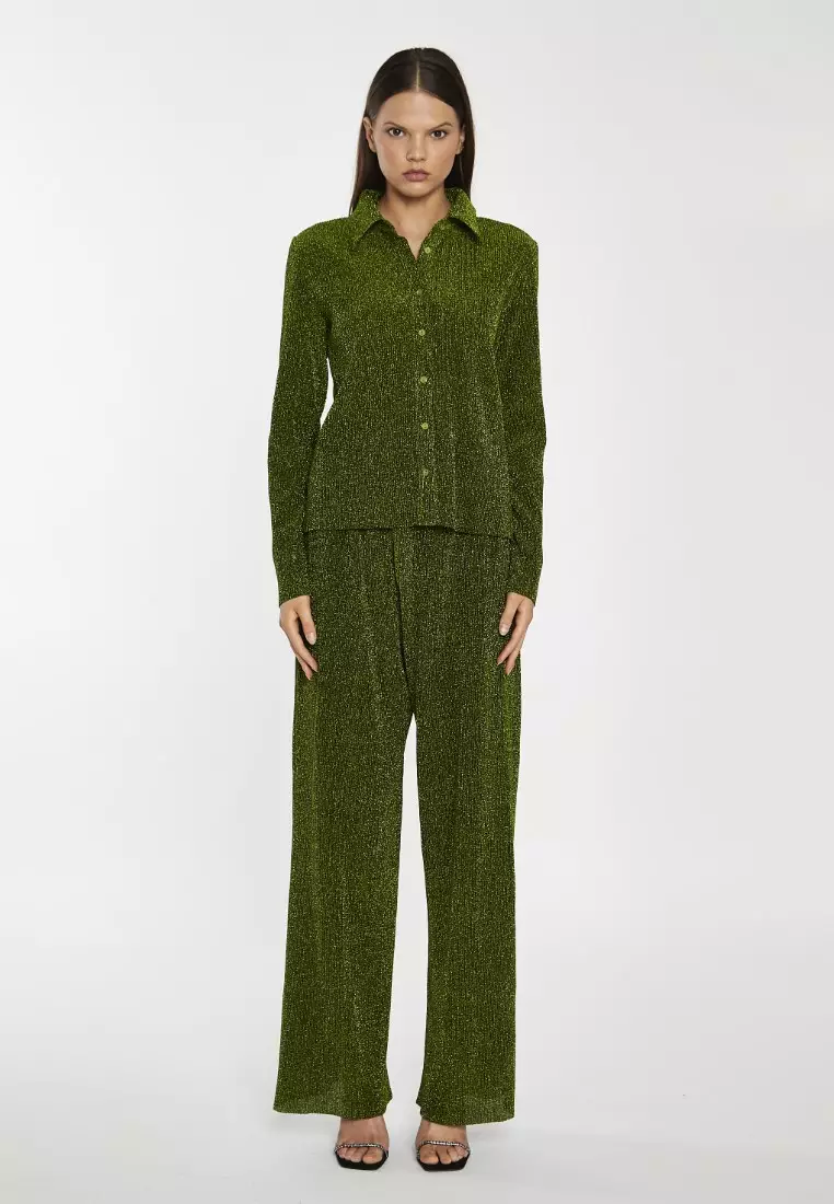 Wide Leg Plisse Trousers with Elasticated Waistband