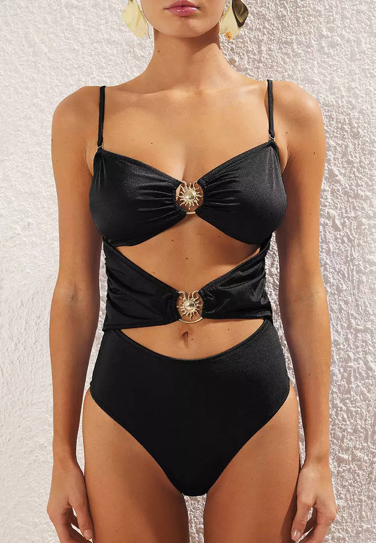 Black Strapless Sun Accessory Premium Cut Out/Window Regular Swimsuit Tbess25Ma00045