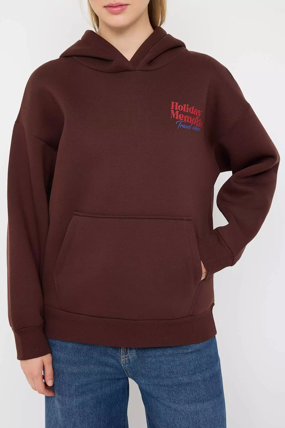 Teen Brown Back Printed Oversize Pattern Hooded Polar Fleece Knitted Sweatshirt