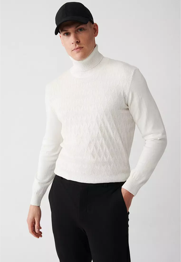 Men's Ecru Turtleneck Cotton Patterned Knitwear Sweater A32Y5198