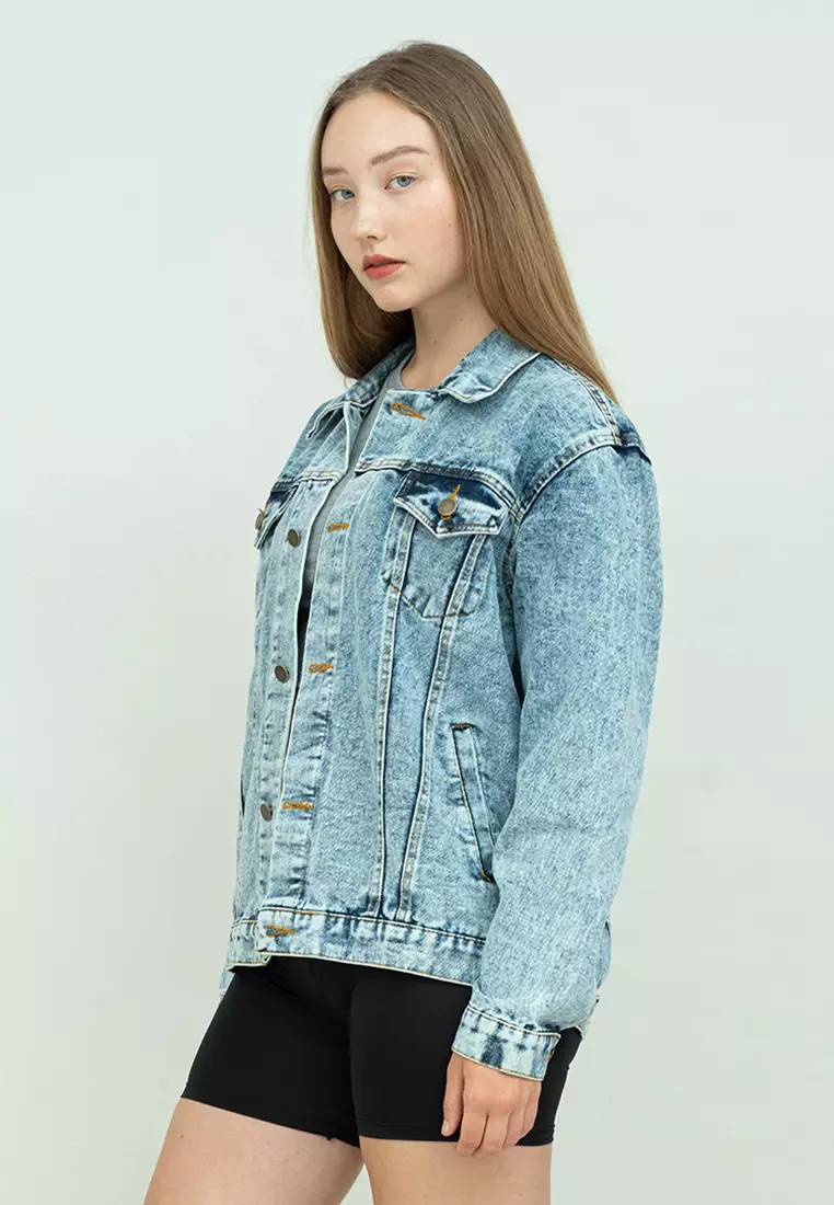 Houseofcuff Jaket Jeans Wanita Polos Tebal Jaket Denim Biru Pudar