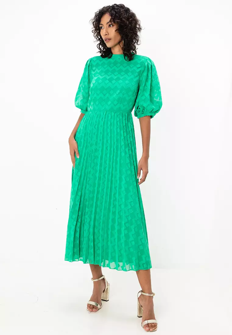 High Neck Pleated Midi Dress with Puff Sleeve