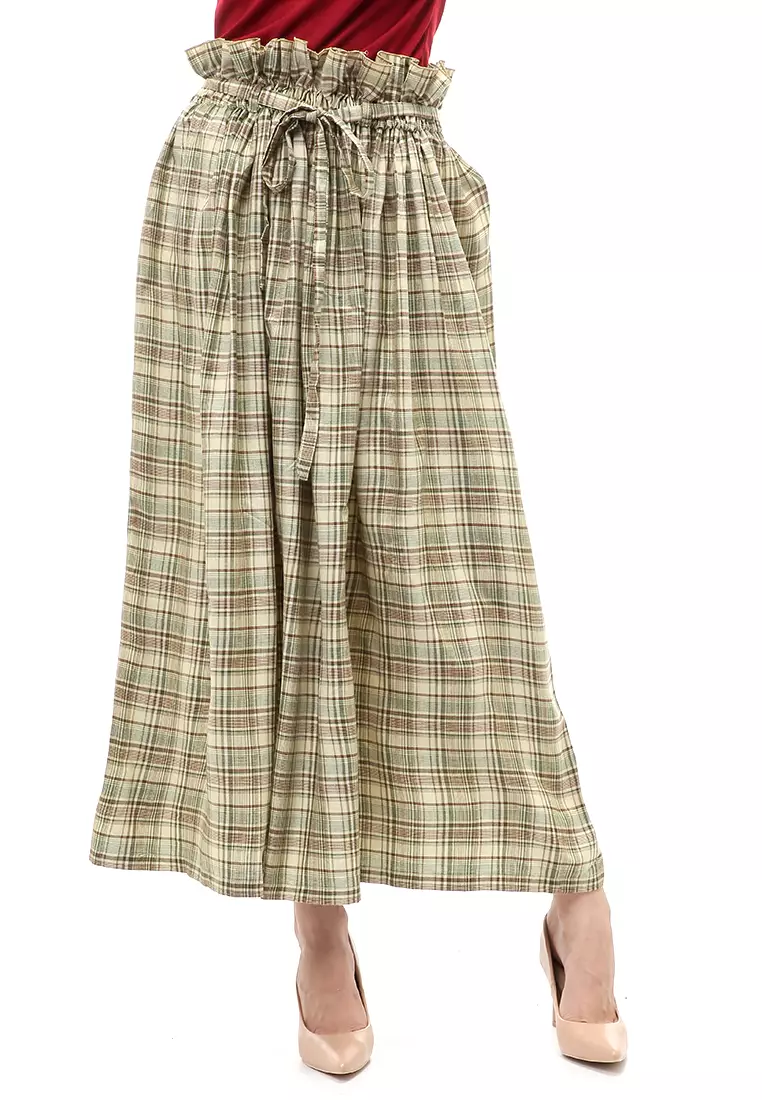 Amel Long Skirt Bawahan Wanita Motif Kotak-Kotak Regular Fit - Cream