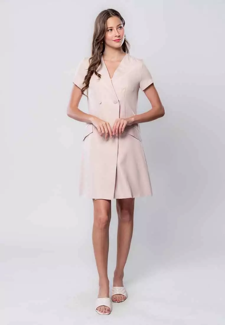 Aveline Double-breasted Dress with Embroidered Fake Collar Detail and Pockets