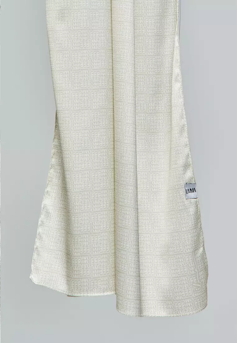 Monogrammatic Printed Satin Silk Scarf in Fog Green