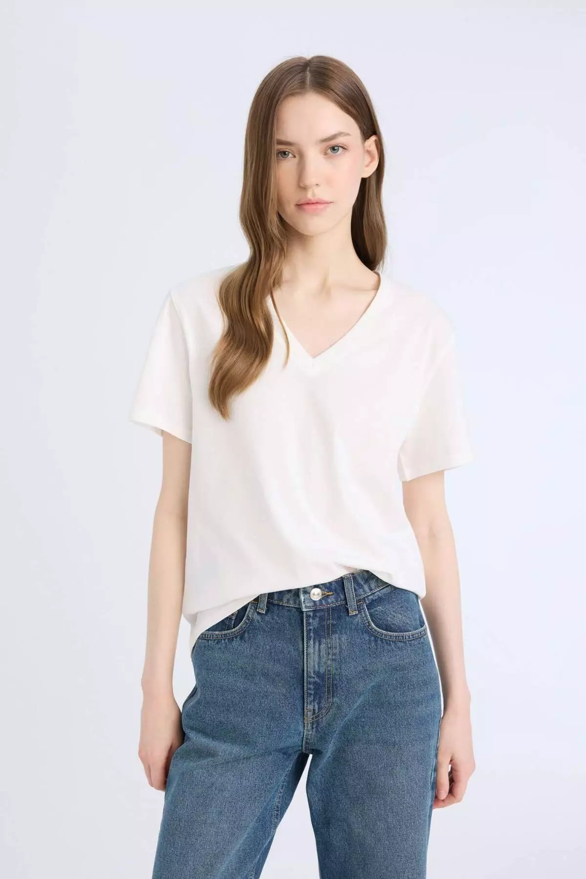 Regular Fit V-Neck Basic Plain Short Sleeve T-Shirt D9593Ax25Sm