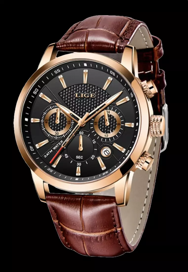 Chronograph Unisex Gold color finished Stainless Steel Quartz Watch 43mm, black dial, on Brown Leather Strap