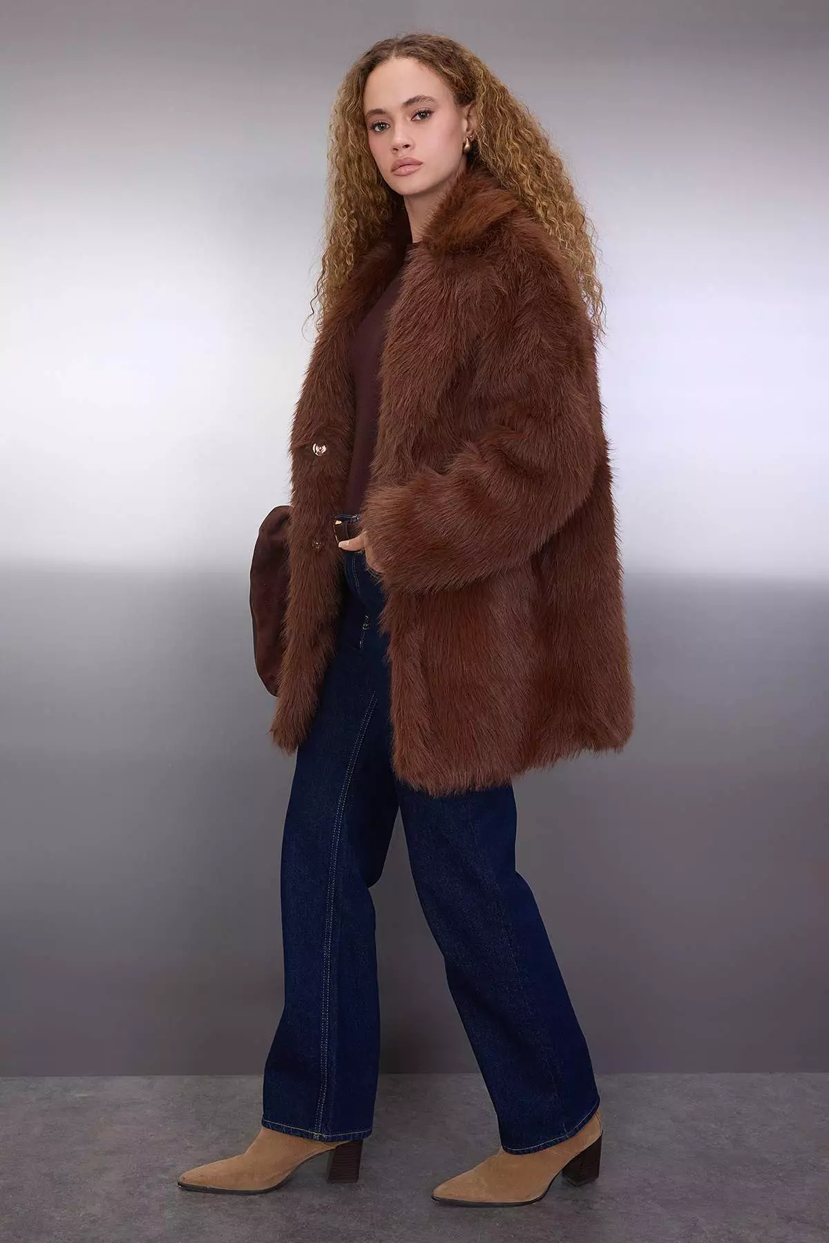 Brown Fur Mono Closure Oversize Midi Coat Twoaw26Kb6