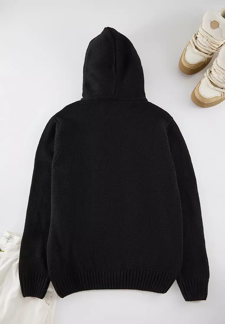 Black FL Men's Regular Hooded Plain Knitwear Cardigan TMNAW20HI0066