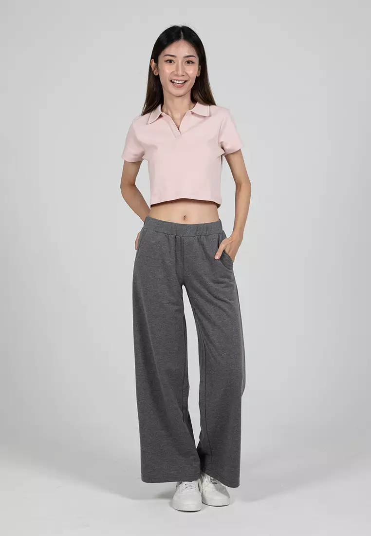 Forest Ladies Cotton Terry Wide Leg Pants Women Casual Long Pants - 810544-20DkMelGrey
