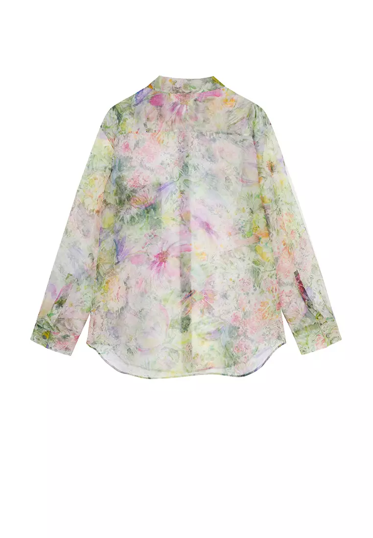 全真絲水彩花卉花型寬鬆長袖襯衣