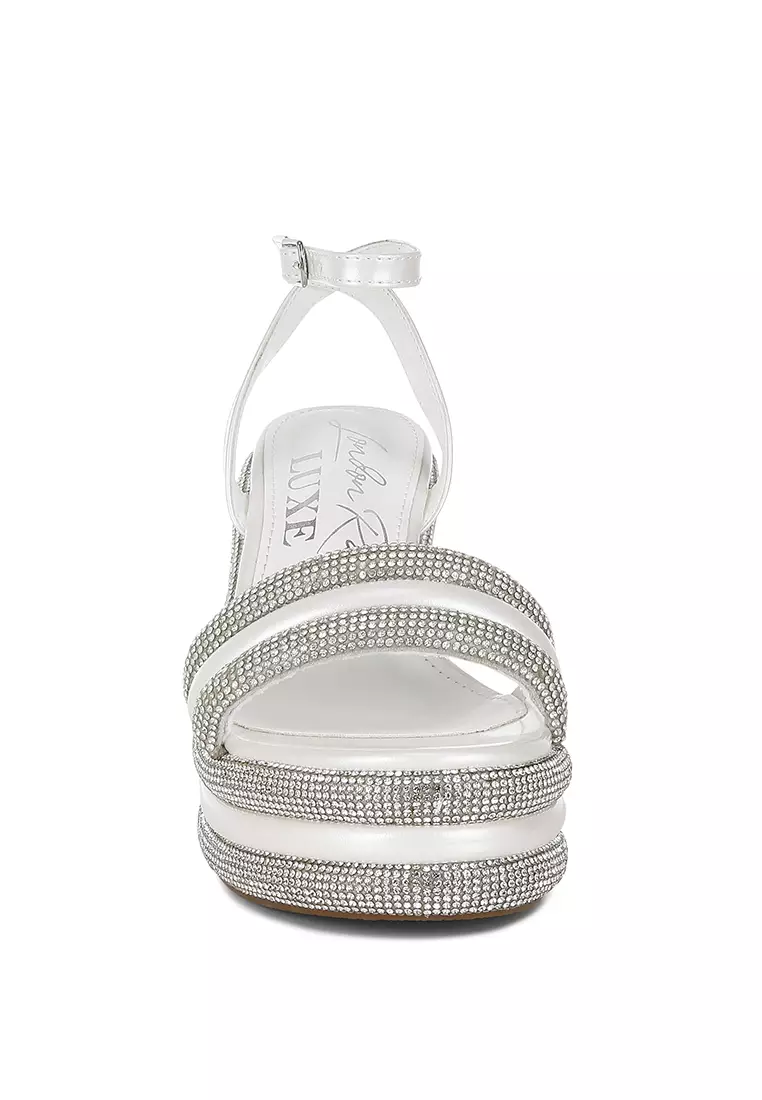 White Rhinestone Studded Wedge Sandals