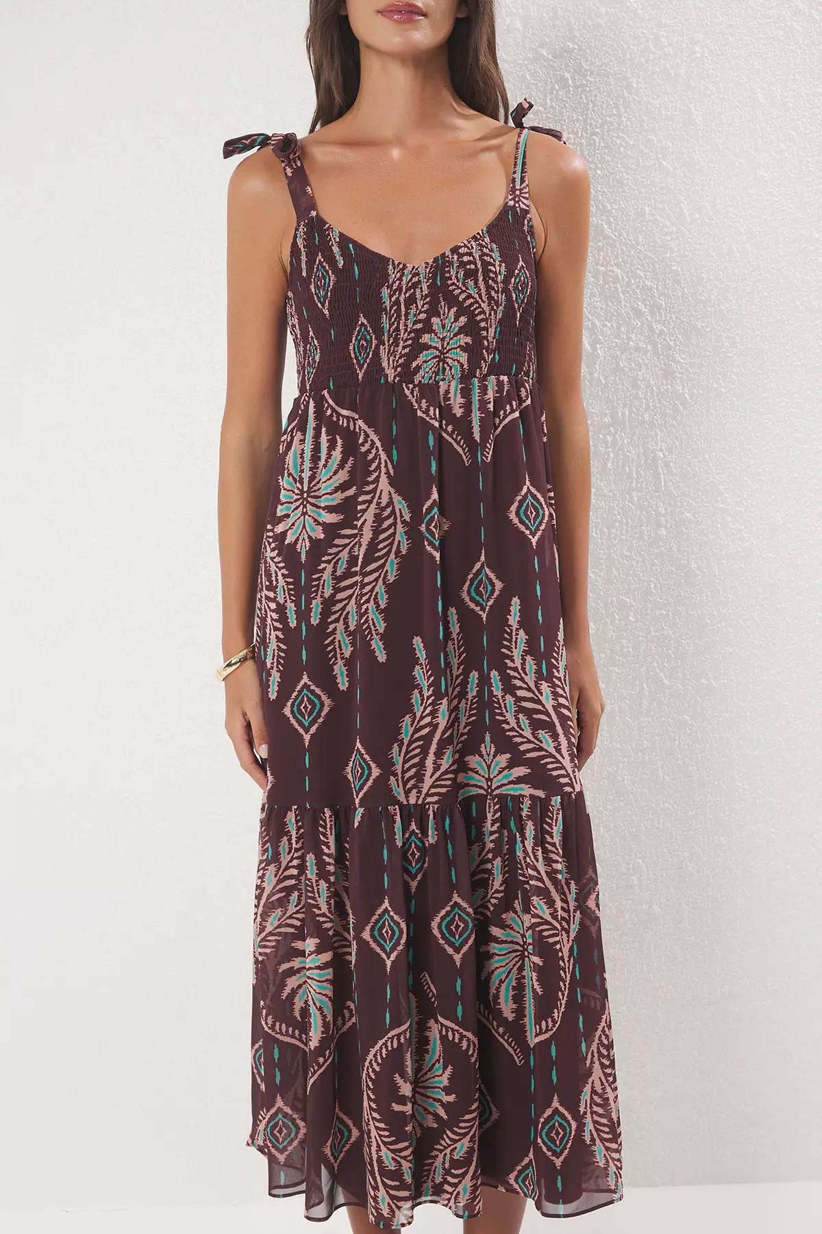 Brown Shawl Pattern Skirt Waist Opening Gipel Maxi Woven Dress TWOSS25EL00710