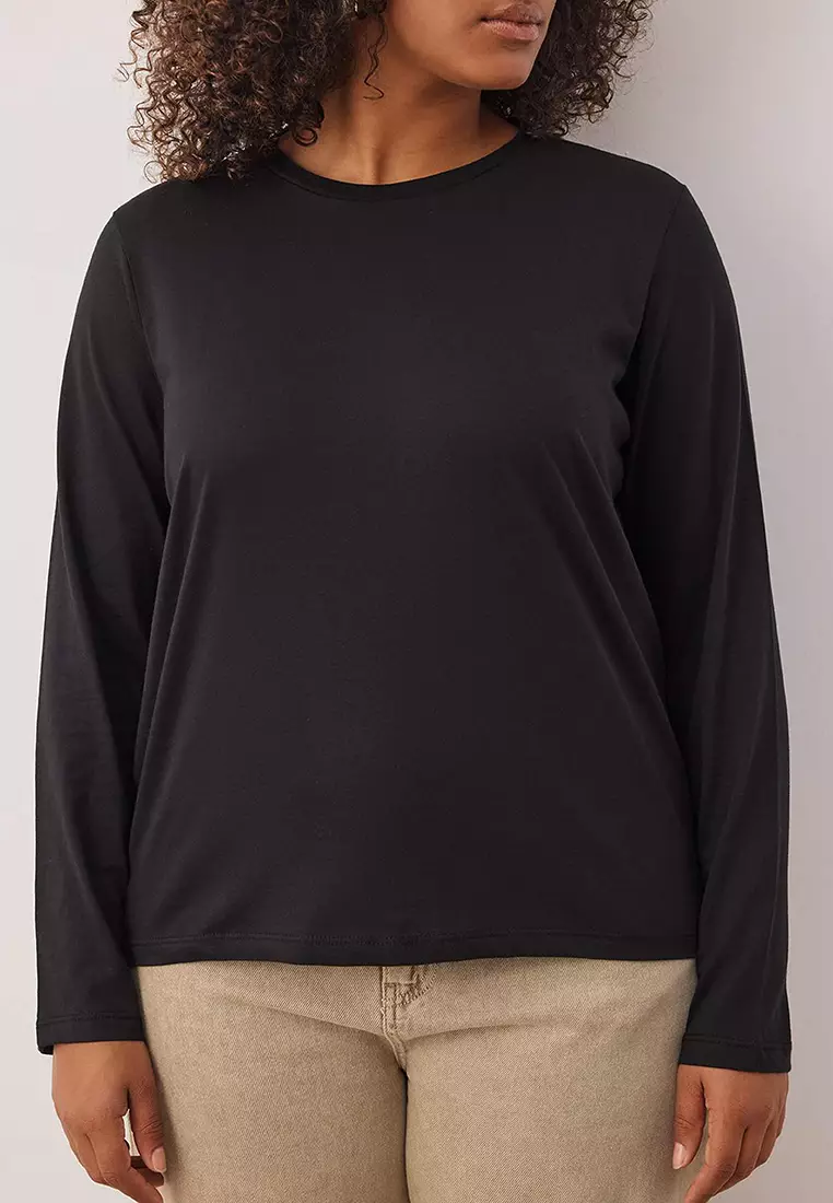 Black 100% Cotton Long Sleeve Crew Neck Regular Basic Knitted Plus Size T-Shirt Tbbaw26Bf00000