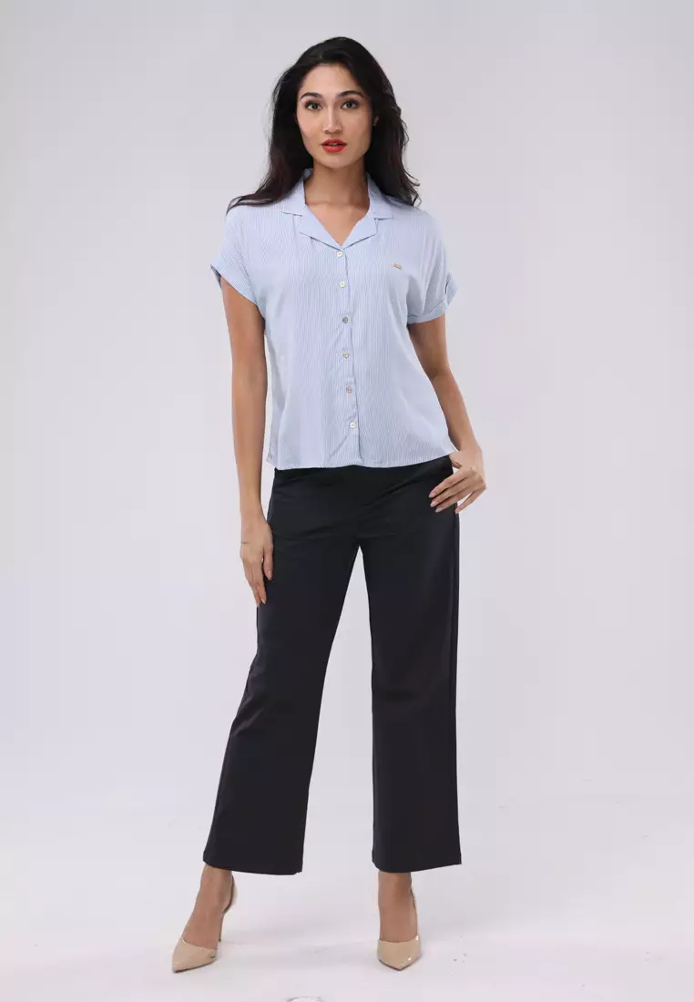 Woven Stripes Short Sleeves Collared Blouse