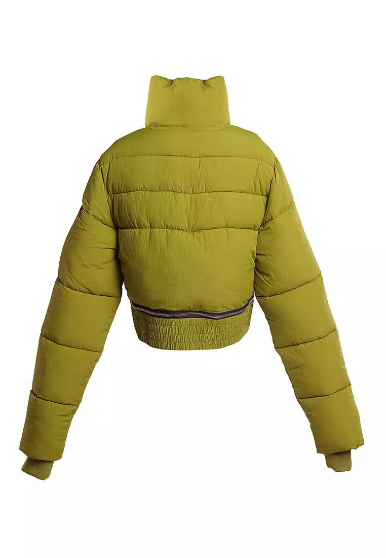 Jaket Puffer Turtleneck Dipotong Zaitun Gelap