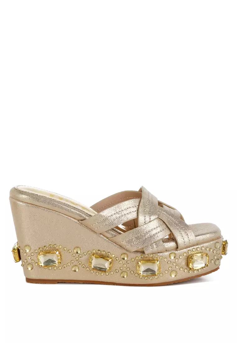 Discount on London Rag  shoes - SKU: Chunky Diamante & Rhinestone Cut-Out Sandals in Gold