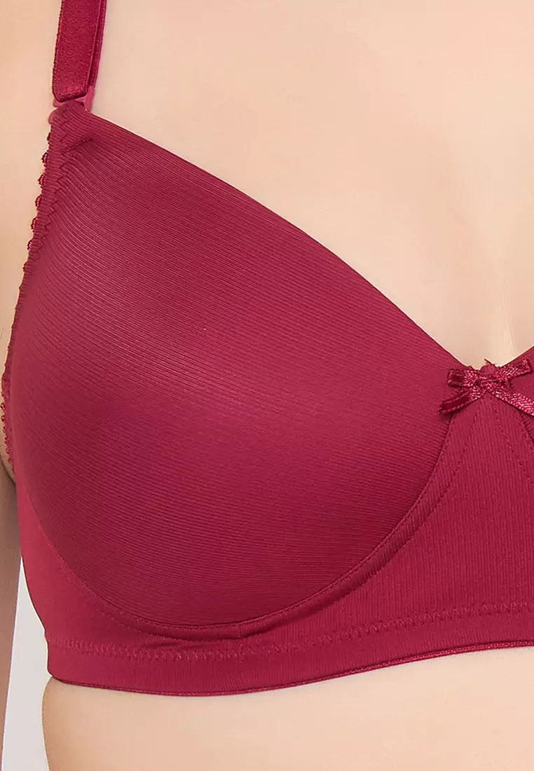 Clovia Padded Non-Wired Full Cup Self Striped Multiway T-shirt Bra in Maroon