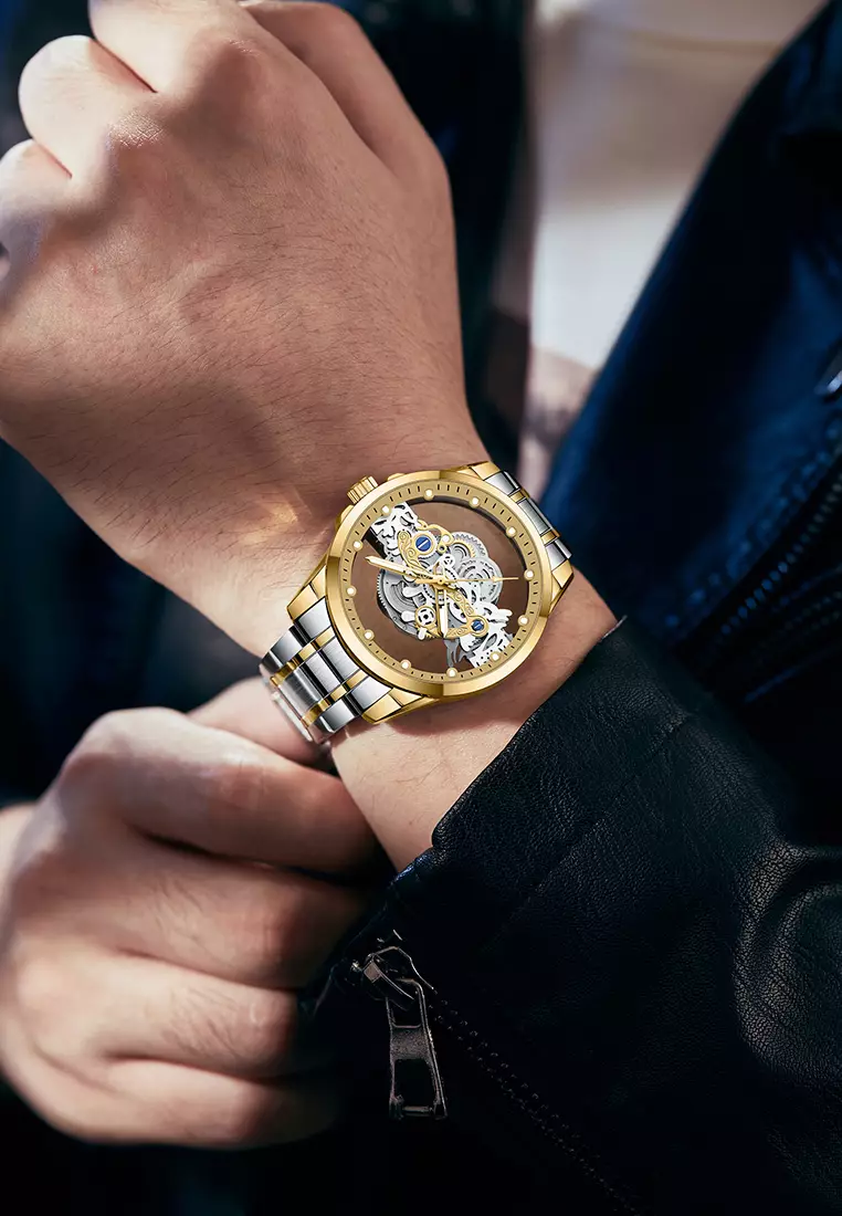 Jam Tangan Pria HD Luminous Function Hollow Dial Tali Stainless Steel Anti Air Jam Tangan Cowok silver gold