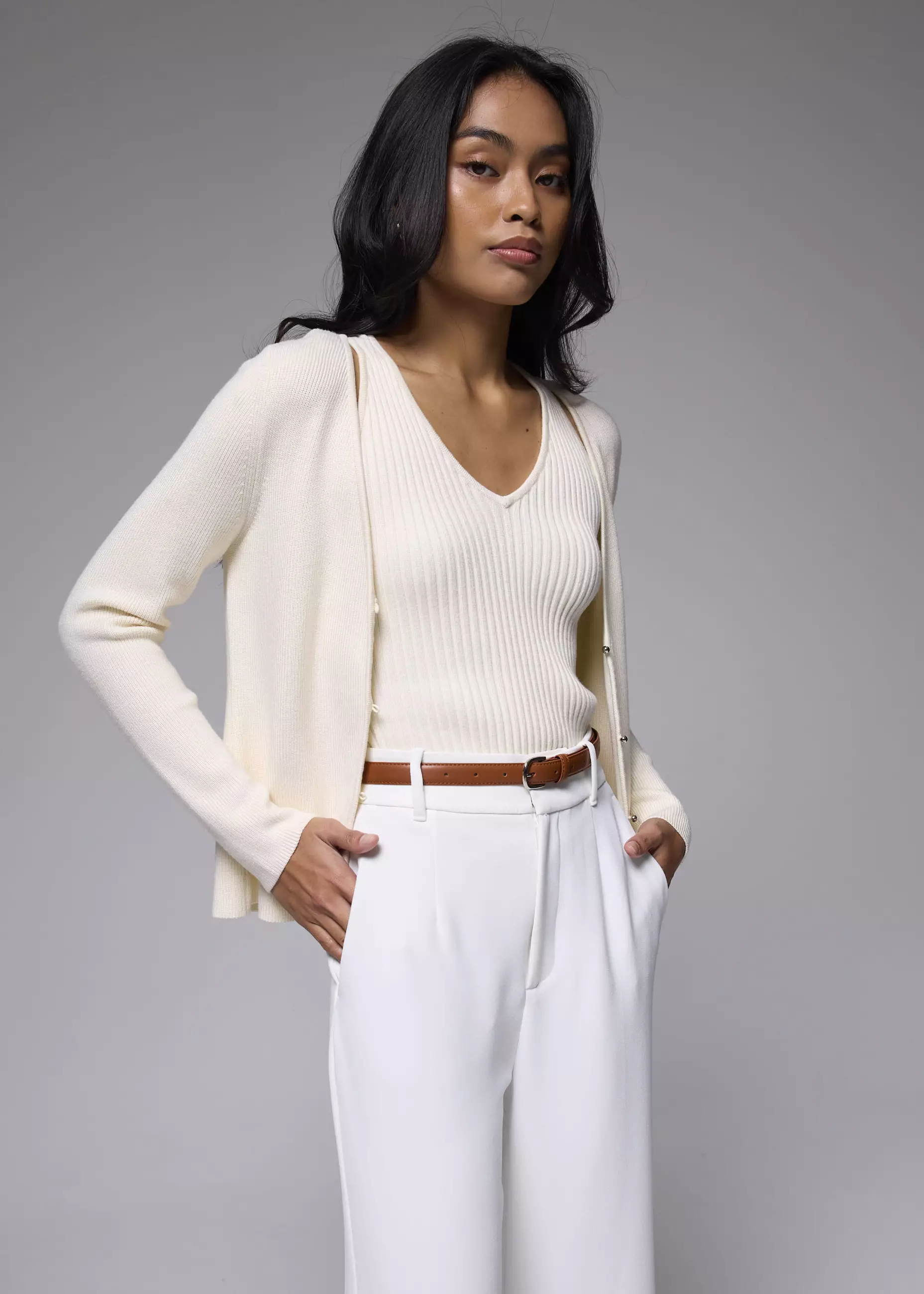 Cardigan Wanita - Ribbed Knit V-neck Cardigan