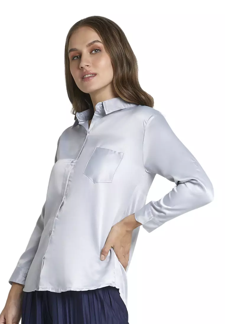Uchenna Kemeja Lengan Panjang Shirt Plain Atasan Wanita Baju Kerja Regular Fit - Abu Muda