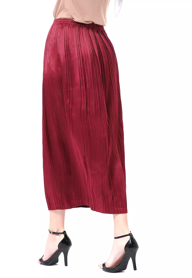 Angely Rok Plisket Rubbery Waist Fashion Wanita Simple - Maroon