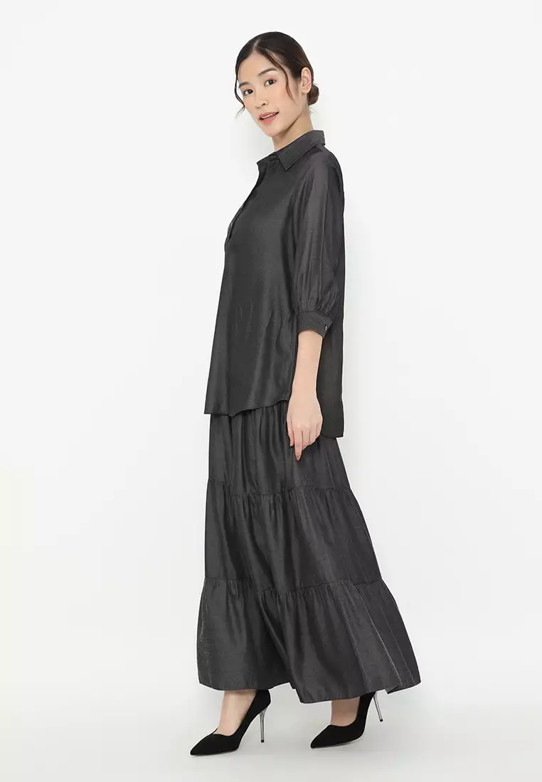 Blouse Soft Denim With V neck In Black By Brilliant Girl Warna HITAM