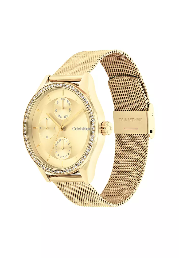 Women's Ionic Thin Gold Plated Steel Mesh Bracelet and Gold Dial Quartz Multifunction Watch - CK25100011