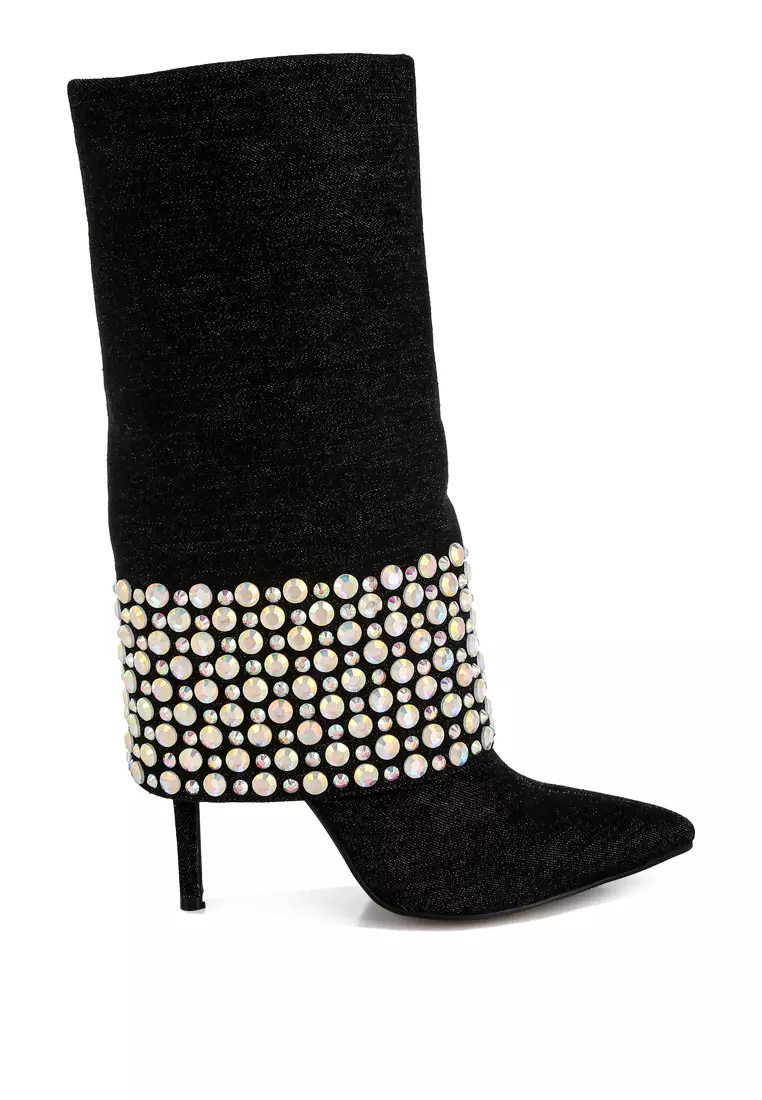 Discount on London Rag  shoes - SKU: Diamante & Rhinestones Denim Boots in Black