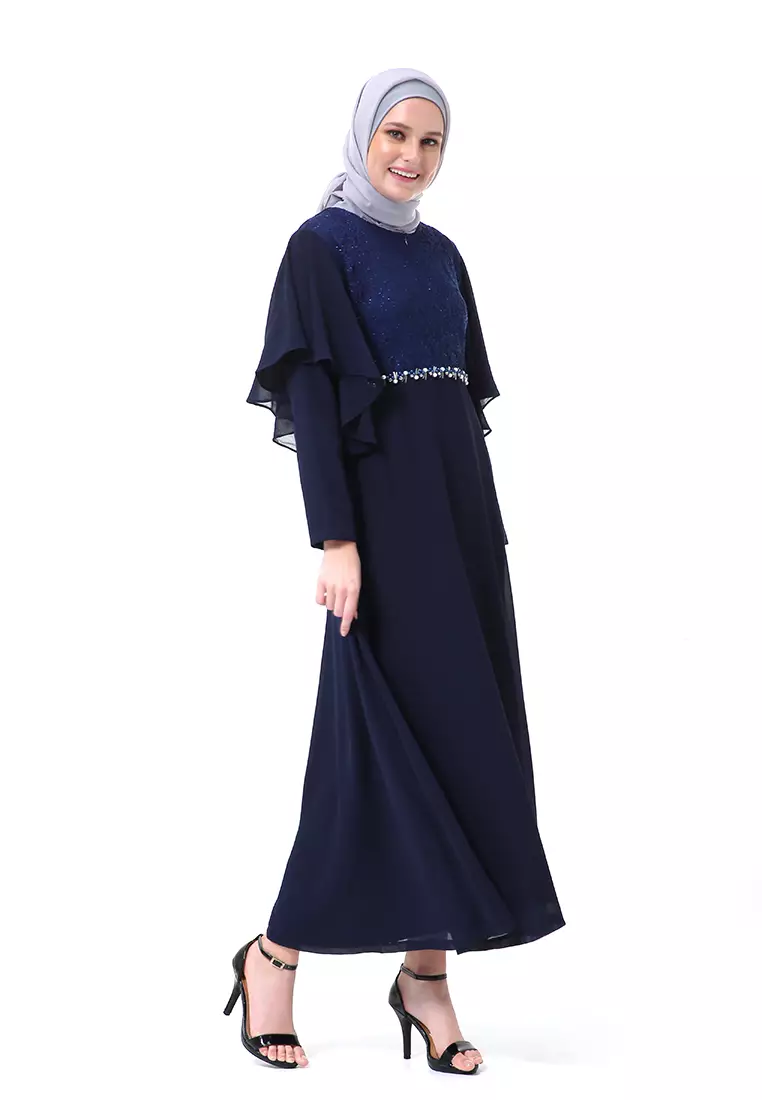 Hilda Dress Panjang Muslimah Wanita Long Sleeve High Quality Premium - Navy