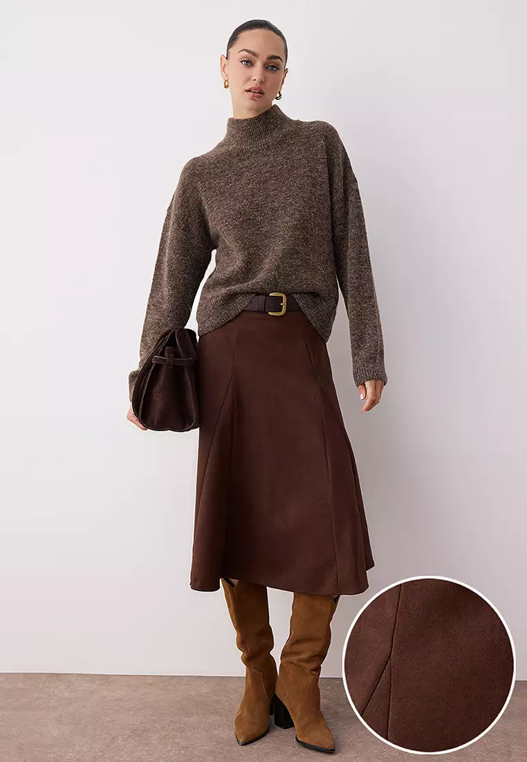 A-Line/Flare Woven Suede Midi Skirt