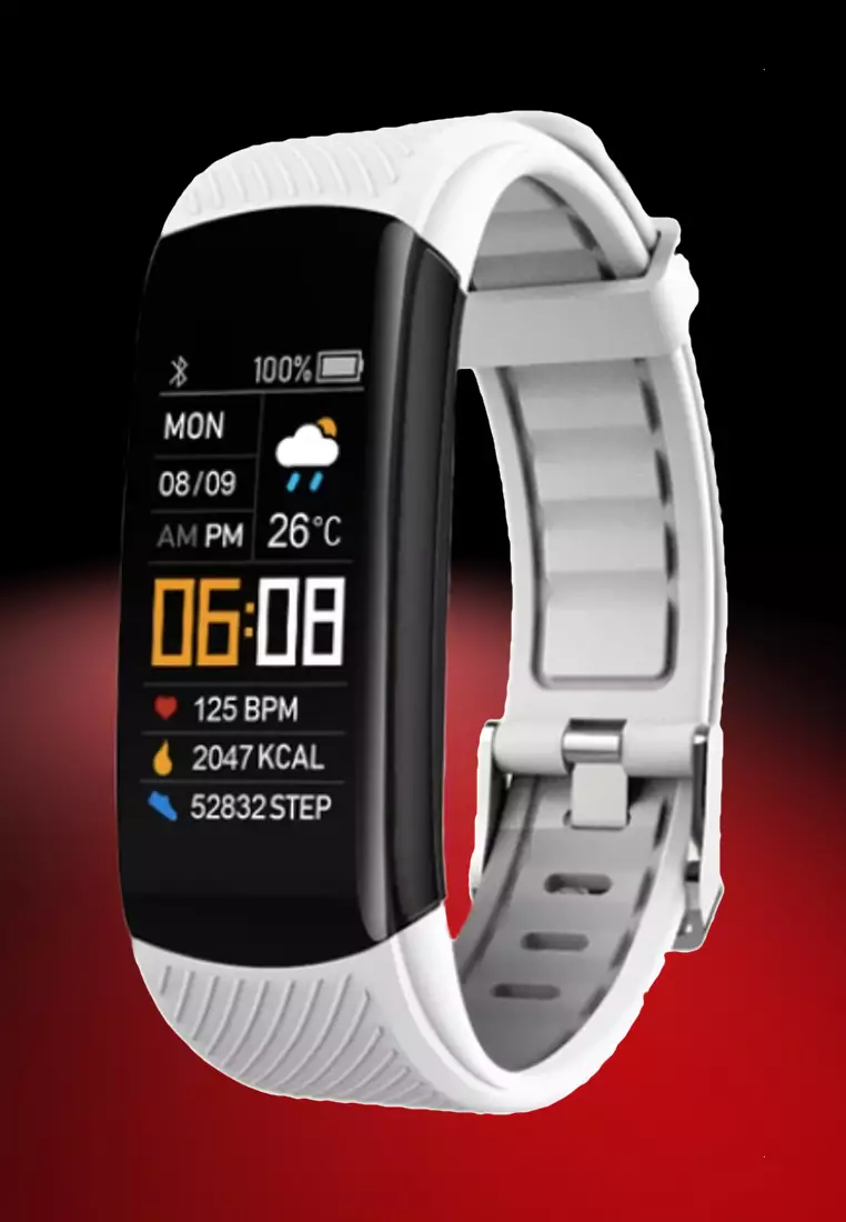 Unisex IOS/Android IP Black Waterproof Fitness SmartWatch, Heart Rate Monitoring, Weather, Clock, with White Rubber Strap