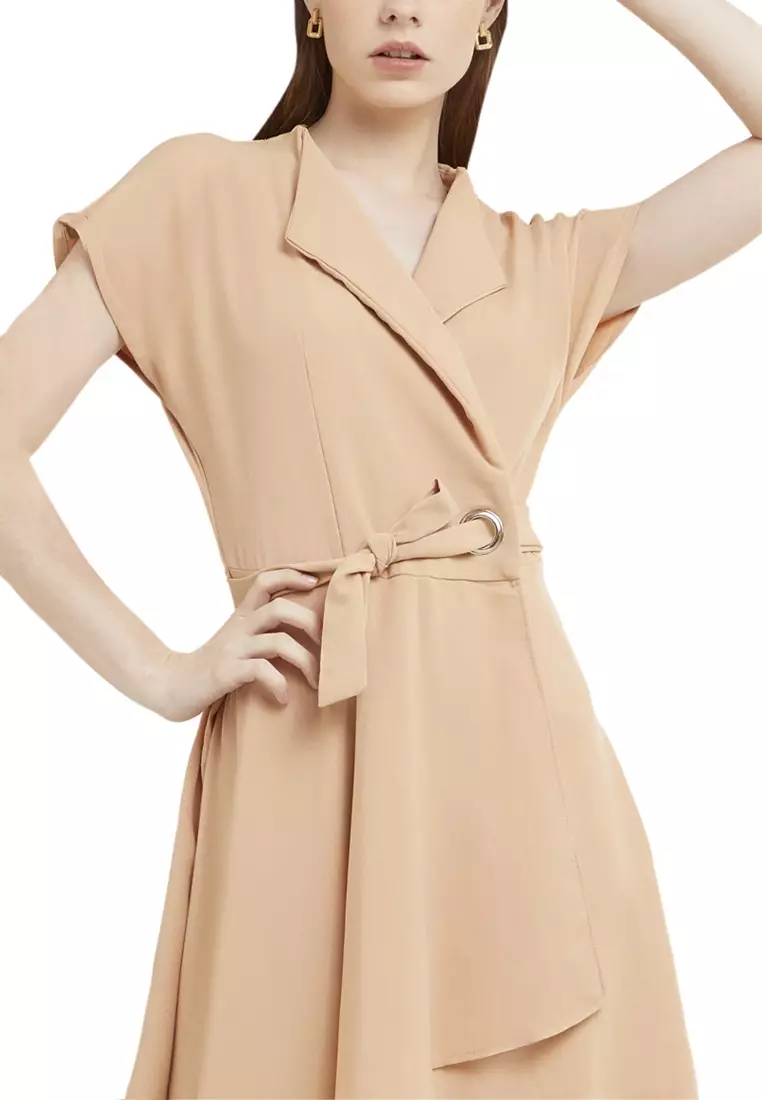 Mini Dress Kasual Lengan Pendek Collar Neckline Baju Wanita Regular Fit - Cream