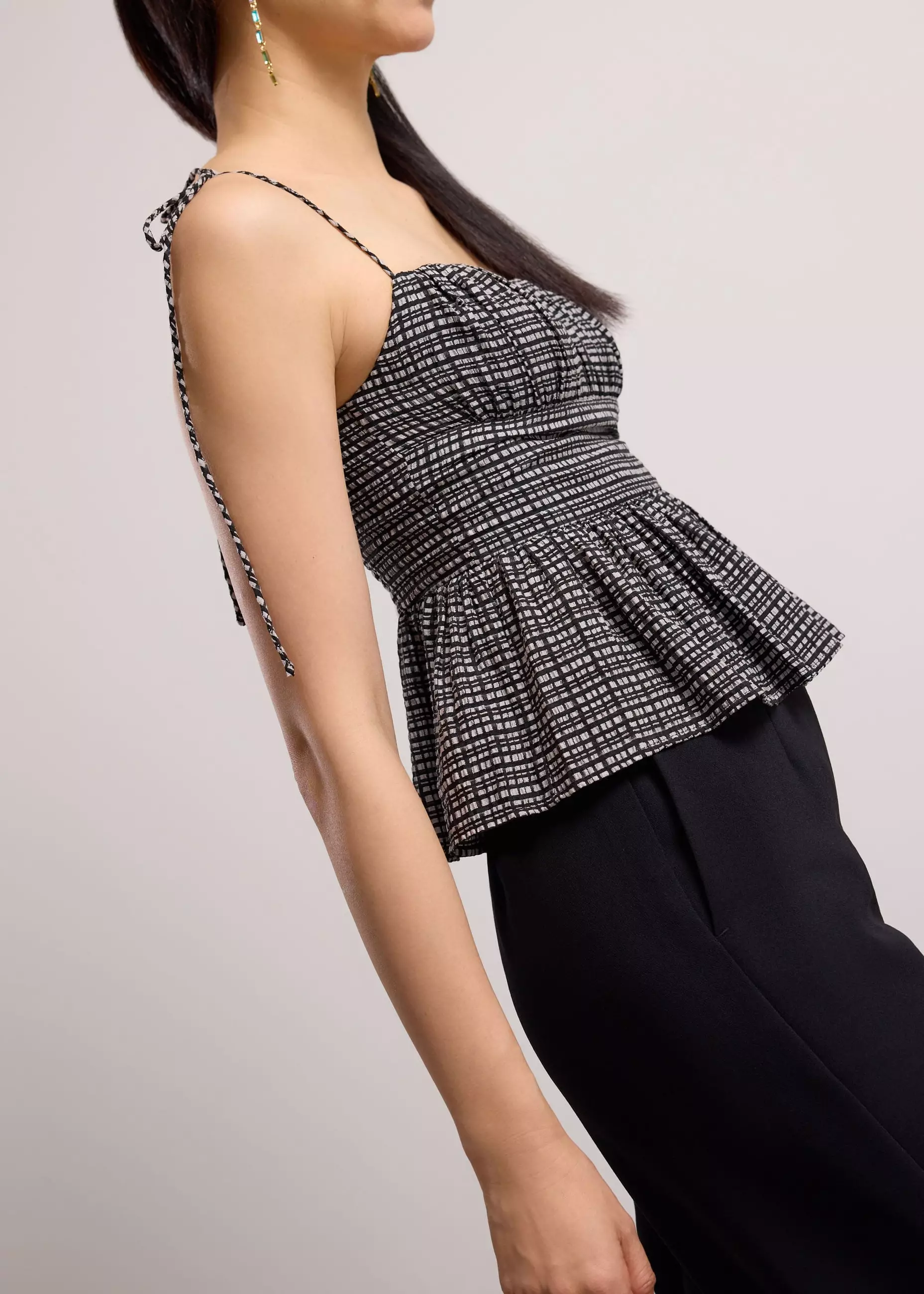 Atasan Wanita - Crinkled Check Lyocell Sweetheart Camisole Peplum Top