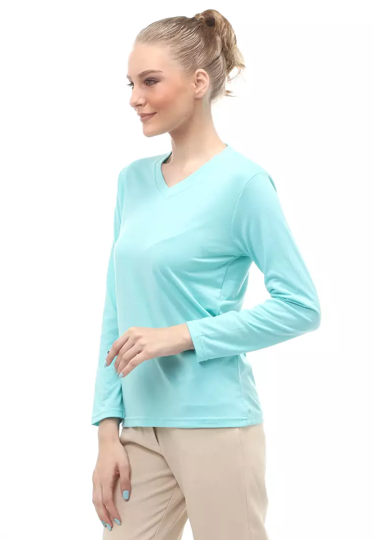 Kaos Polos Atasan Wanita V-Neck Lengan Panjang Design Simple Relaxed Fit - Mint