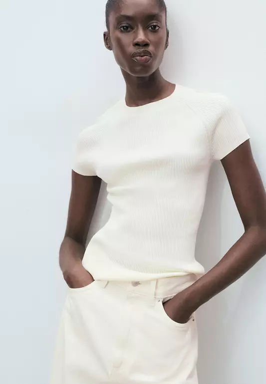 Ribbed-Knit Short-Sleeved Sweater