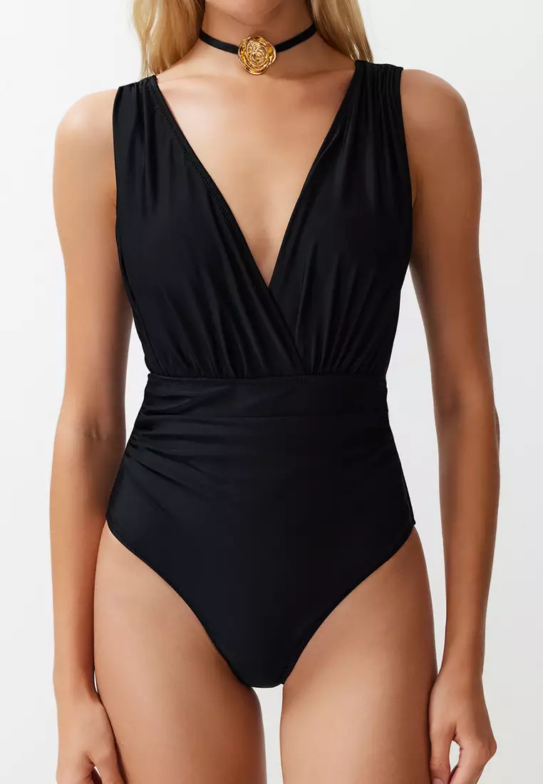 Black Deep V Neck Draped Regular Core Swimsuit