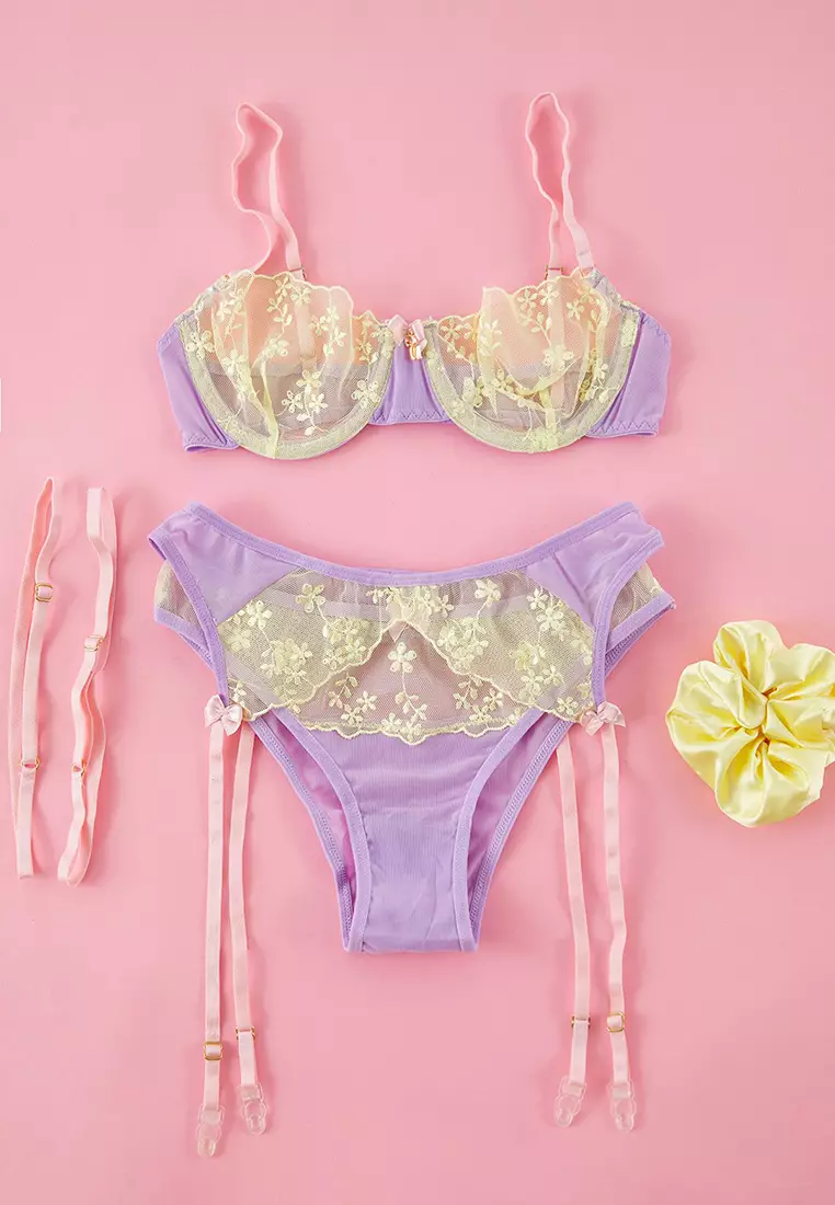 Lilac-Yellow Tulle Garter, Buckle, Leg Band Detailed Coverless Knitted Lingerie Set THMSS25CC00034